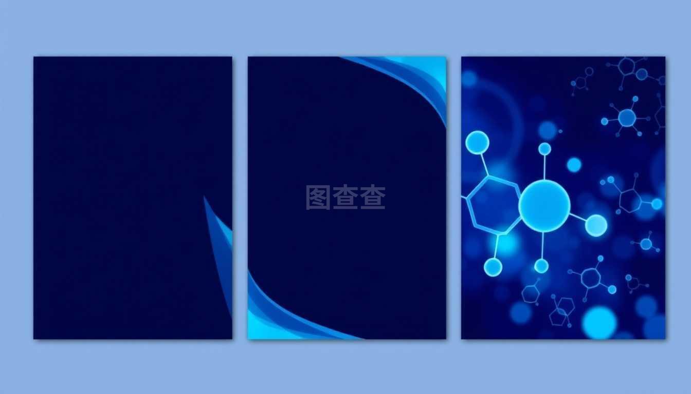 一套三折方形设计手册的商业模板。小册子封面,抽象矢量布局。化学图案,蓝色六角形分子结构。医药,科技概念。一套三折正方形设计小册子的商业模板。小册子封面,抽象平面布局,易于编辑的矢量。化学图案,蓝色六角形分子结构。医药,科技概念。